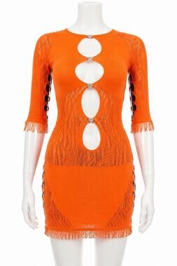 Poster Girl Orange Sheer Cutout Mini Dress Swim Cover Up Y2K Fringe Rhinestone